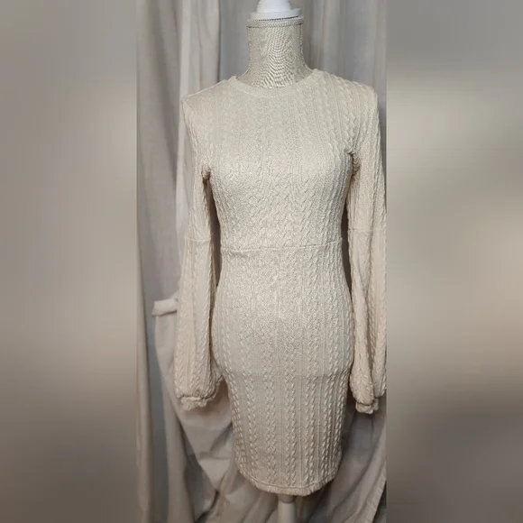 SHEIN | Dresses | Brand New Shein Lantern Sleeve Cable Knit Sweater Dress  Ivory Size Xs | Poshmark